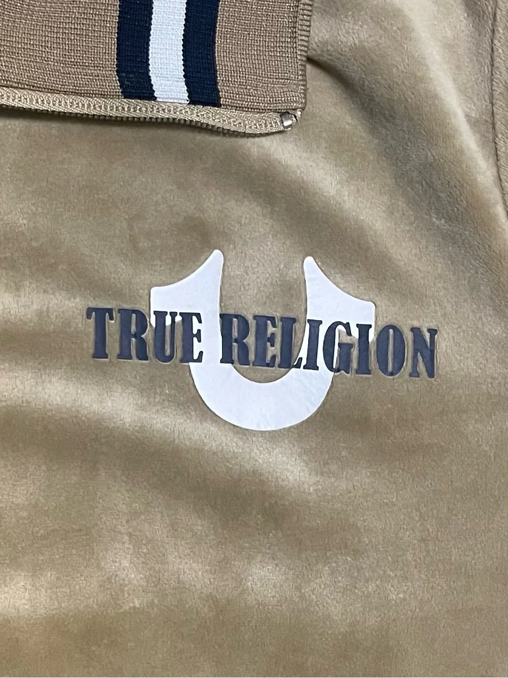 True Religion Men's World Tour Tan Velour Zip-Up Track Jacket M
